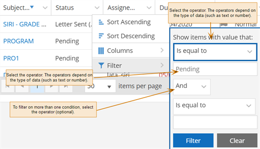 Shows filter dialog displayed when you select a column heading. 